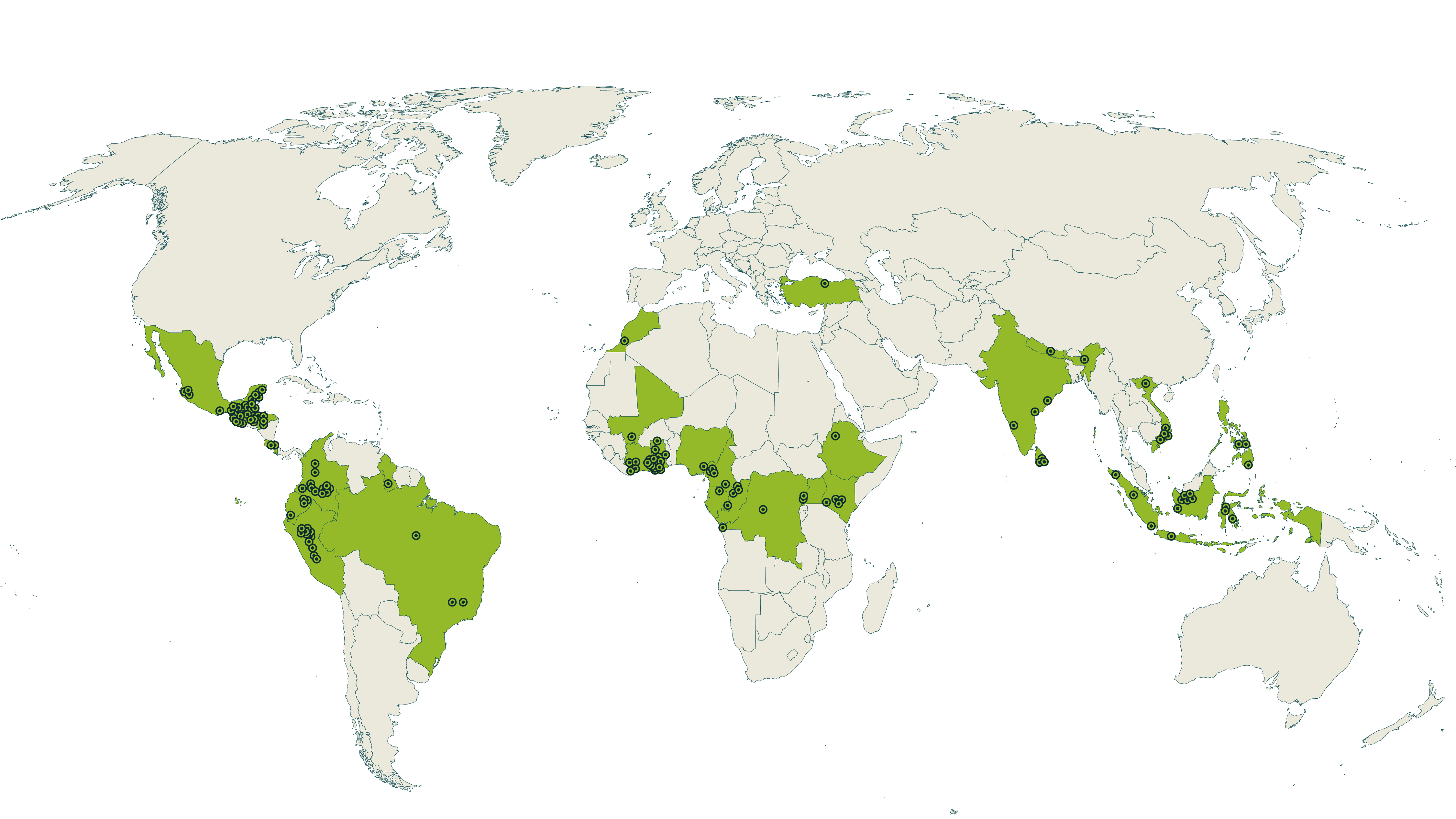 Map of current Rainforest Alliance certified landscape projects farms